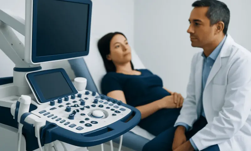 Doctor consulting with patient during ultrasound examination at hospital.