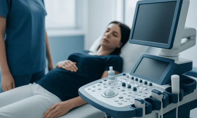 Patient undergoing ultrasound examination in a hospital setting.