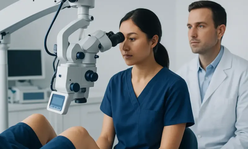 Doctor examining patient with a microscope in a medical clinic.