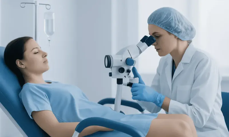 Doctor examining a patient with a microscope in a hospital setting.