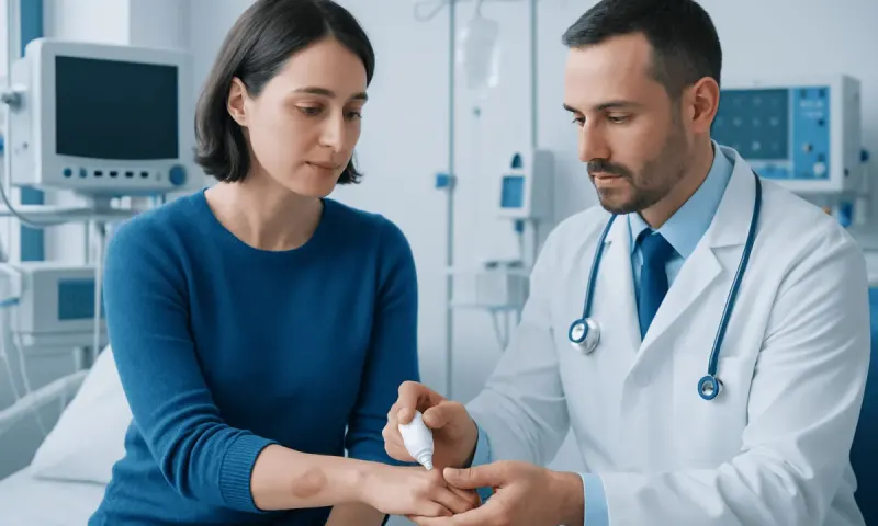 Doctor examining patient's arm in hospital setting.