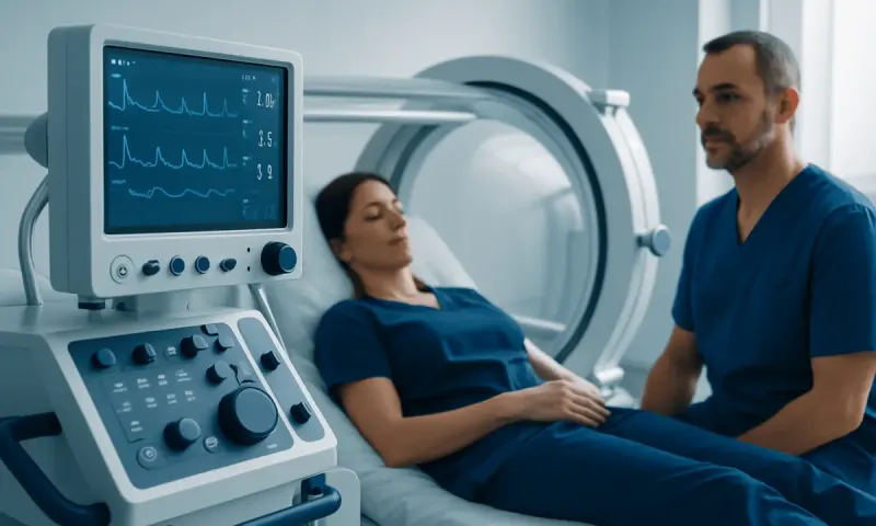 Patient undergoing MRI scan in a hospital setting with medical staff present.