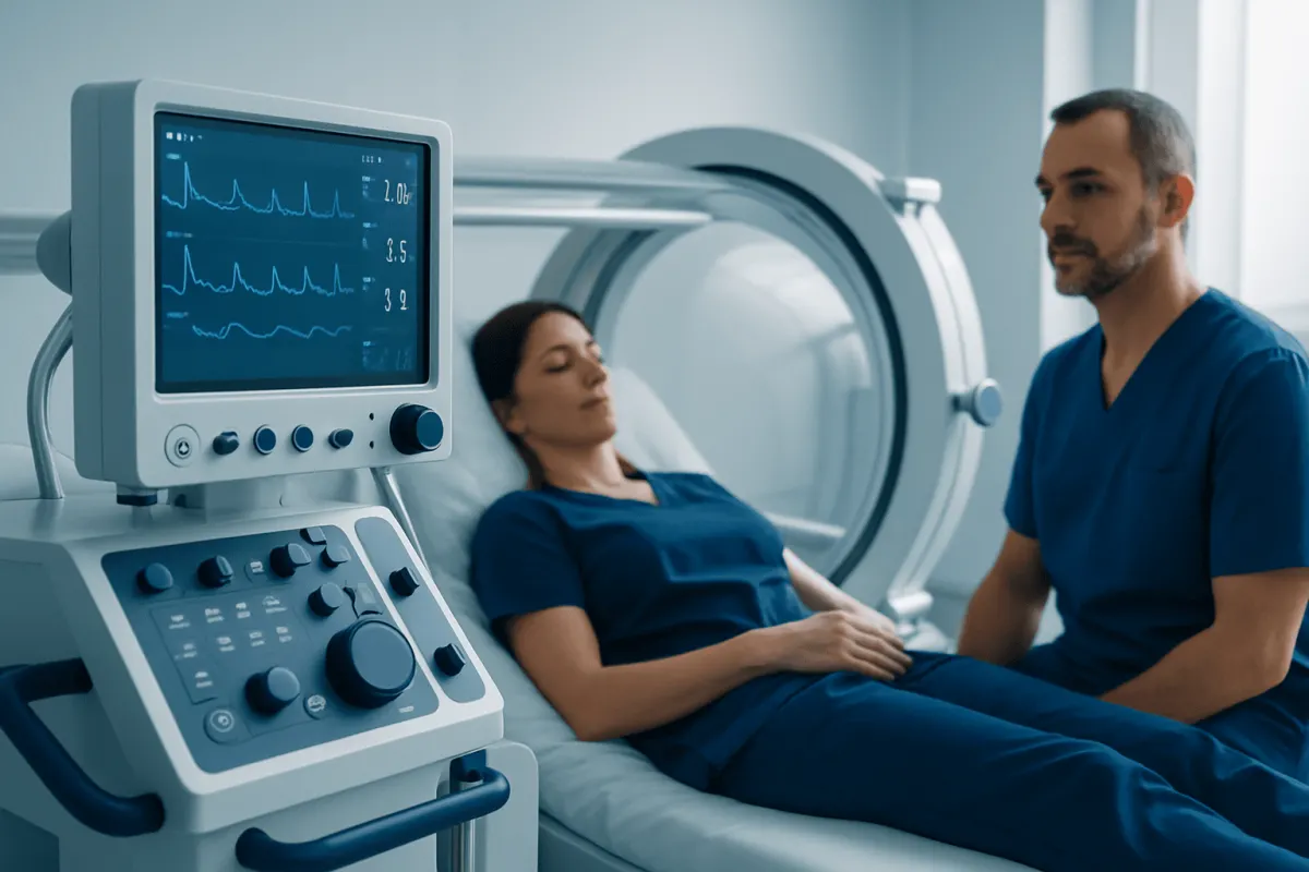 Patient undergoing MRI scan in a hospital setting with medical staff present.