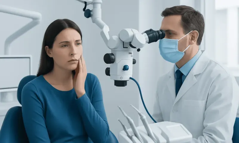 Dentist examining patient with dental microscope in clinic.