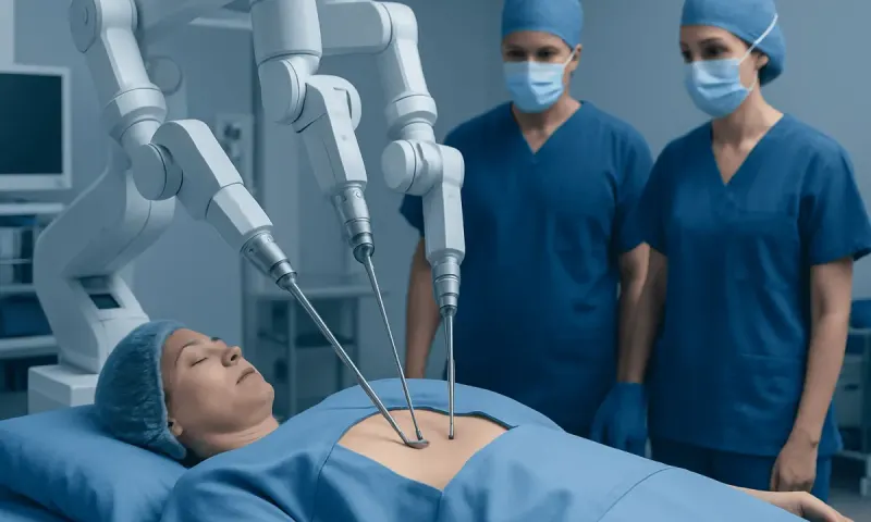 Minimally invasive hysterectomy procedure with robotic surgical tools.