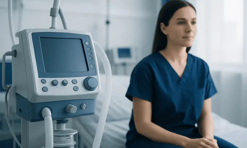 Medical professional sitting in hospital room with ventilator equipment nearby.