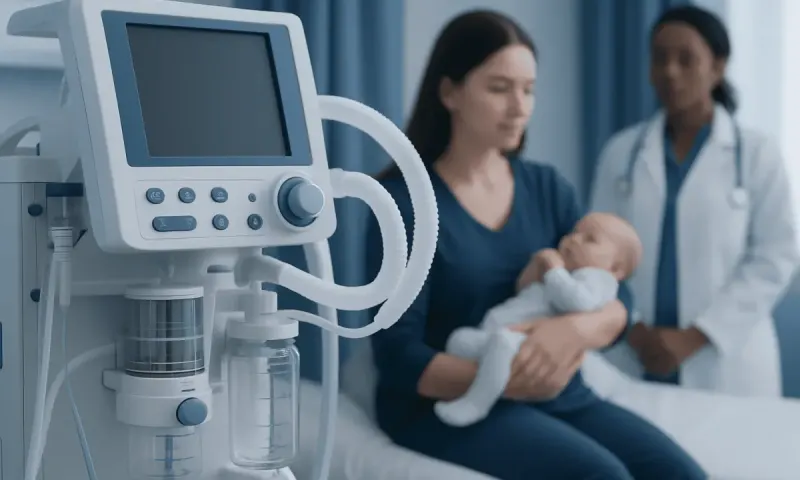 Neonatal care in hospital with ventilator and mother holding baby.