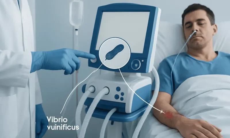Medical professional explains Vibrio vulnificus infection to patient in hospital.