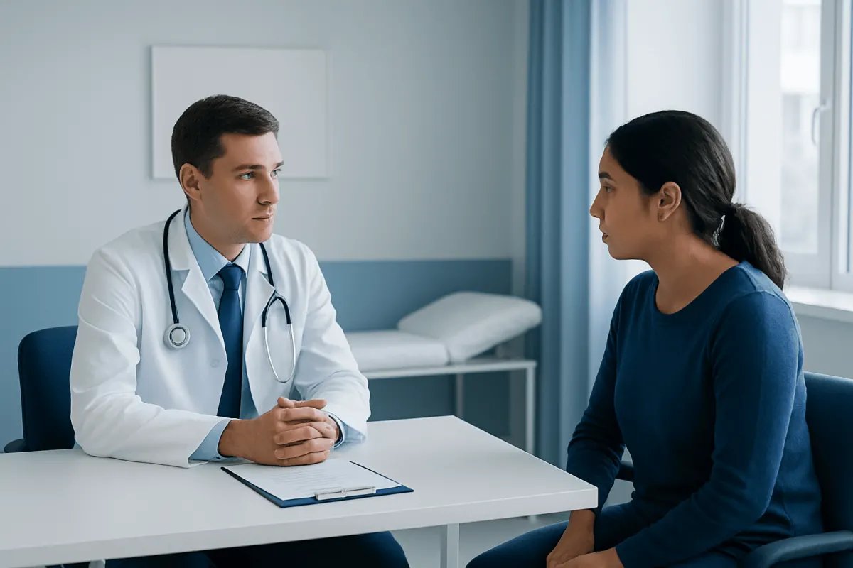 Doctor consulting with a female patient in a medical office.