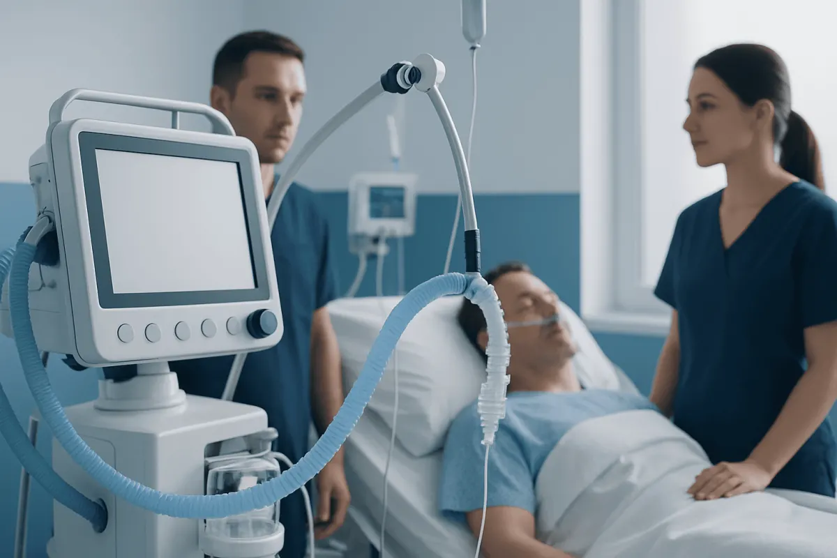 Hospital room with patient on ventilator and medical staff attending.