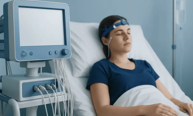 Young woman in hospital bed connected to medical monitoring equipment.