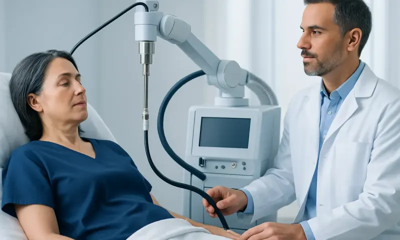 Doctor performing a medical procedure on a female patient in a hospital setting.