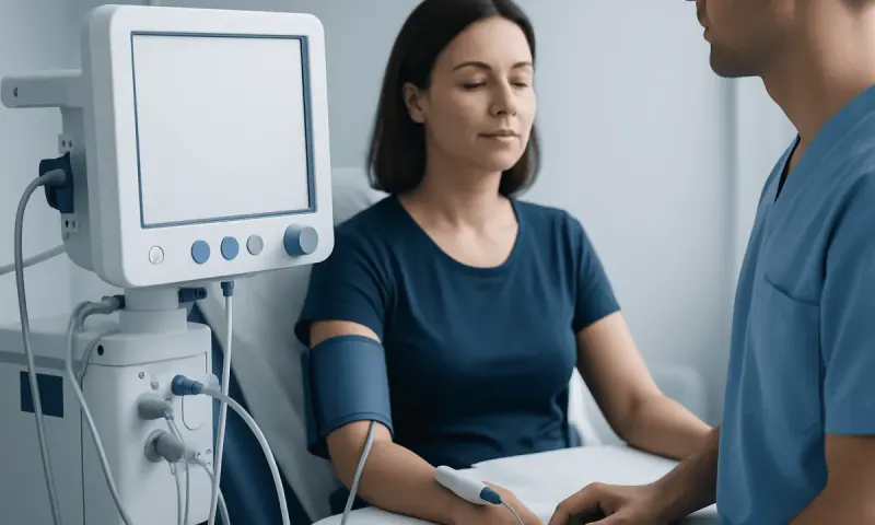 Patient undergoing medical examination with monitor and healthcare professional.