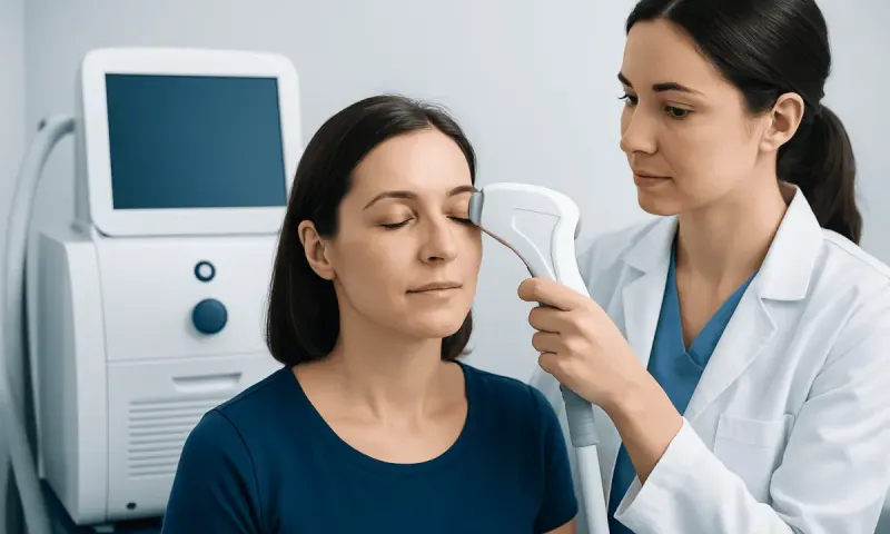 Ophthalmologist performs eye exam with advanced device at Acibadem Hospital.