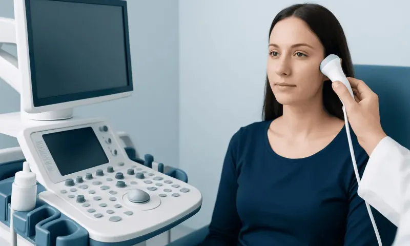 Medical professional performing an ultrasound on a woman patient.