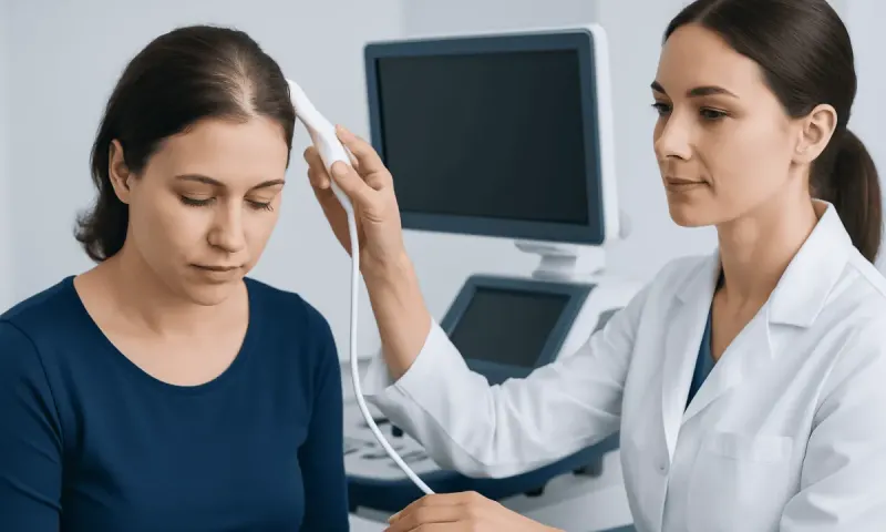 Doctor examining patient's scalp with ultrasound device in clinic setting.