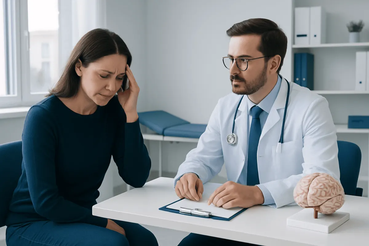 Doctor consulting with a patient experiencing headache symptoms in a medical office.