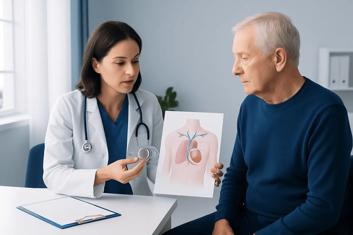 Doctor explaining pacemaker procedure to patient with heart diagram.