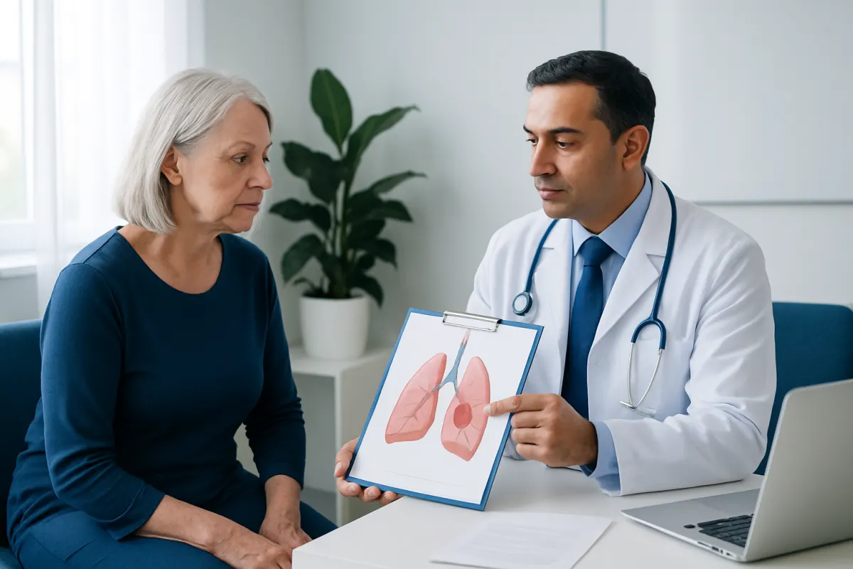 Doctor explaining lung health to an elderly woman with a lung diagram.