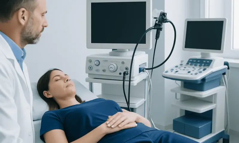Doctor performing gastroparesis diagnostic test on patient in hospital.