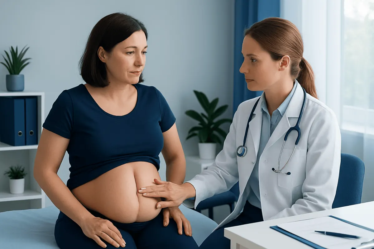 Pregnant woman consulting with a doctor about her pregnancy health.