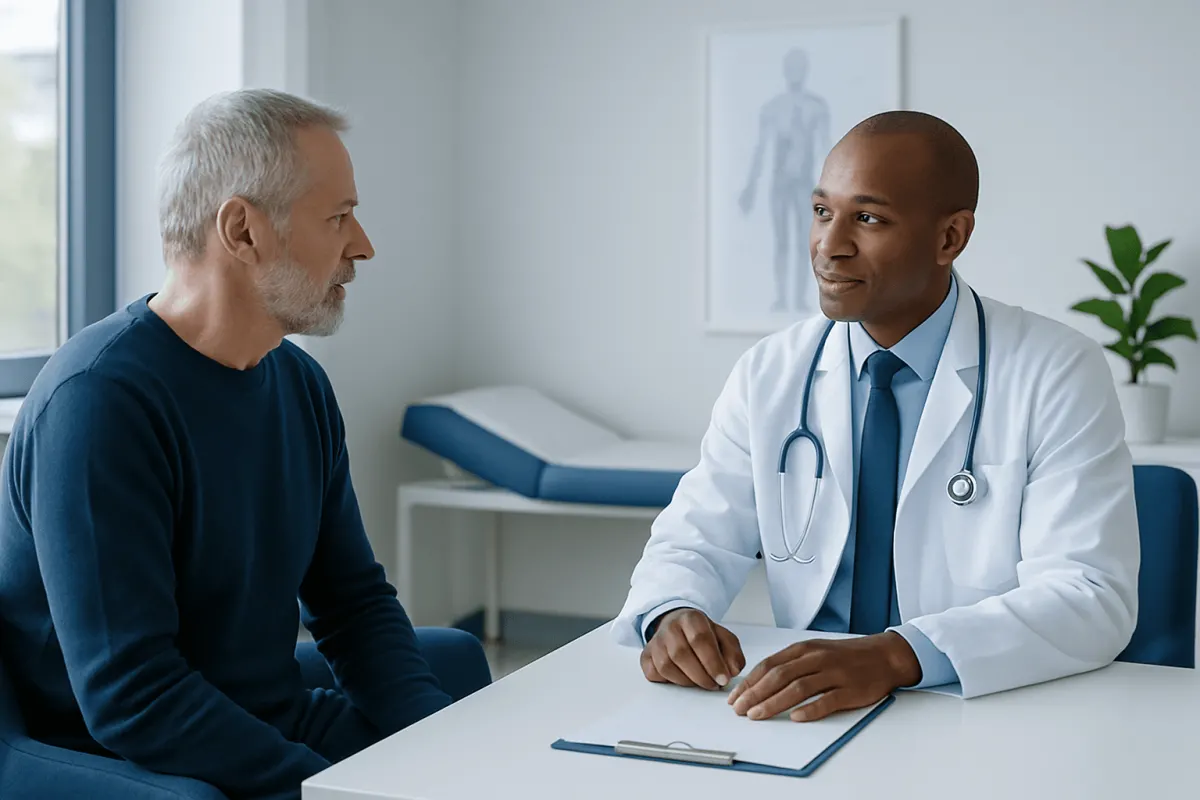 Doctor consulting with an elderly male patient in a medical office.