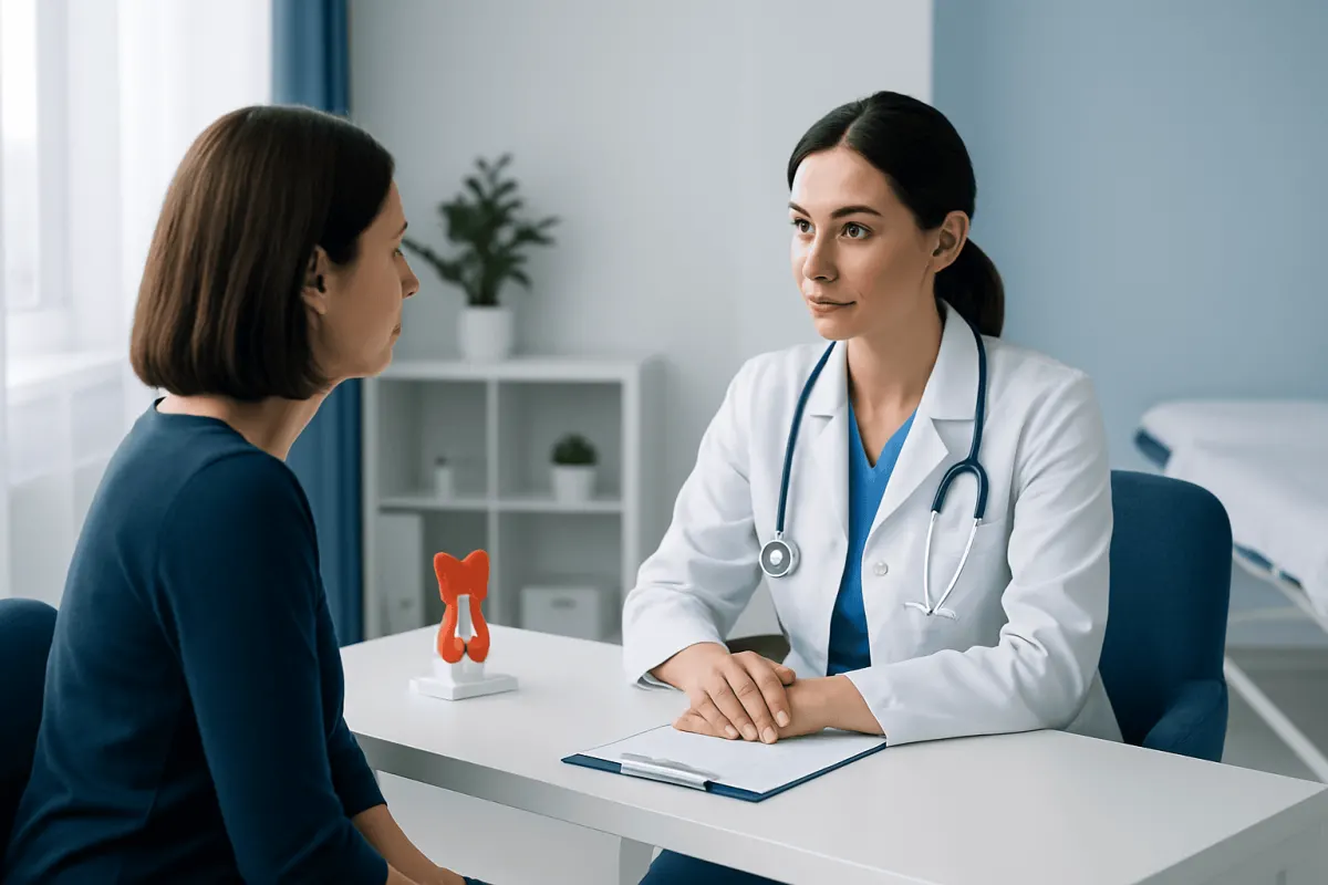 Thyroid surgeon consulting with a patient in a medical office setting.