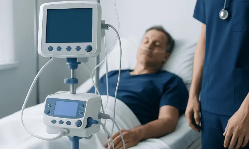 Patient in hospital bed connected to medical monitoring equipment.