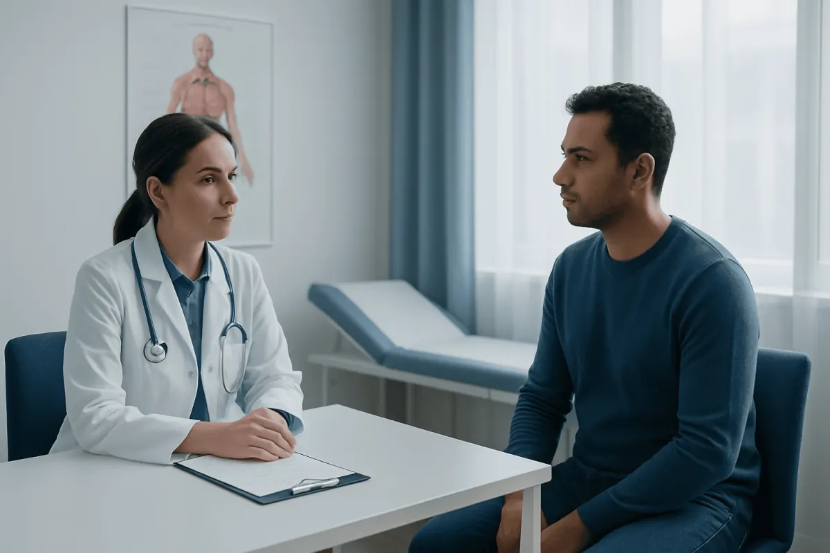 Doctor consulting with male patient in a medical office.