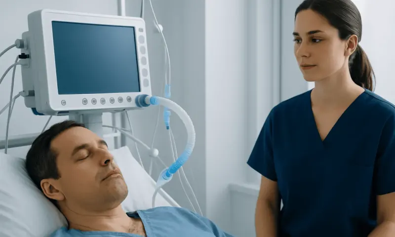 Patient in hospital bed with medical monitor and healthcare professional nearby.