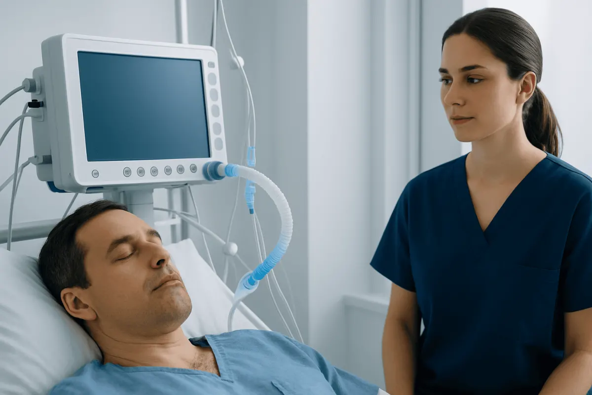Patient in hospital bed with medical monitor and healthcare professional nearby.