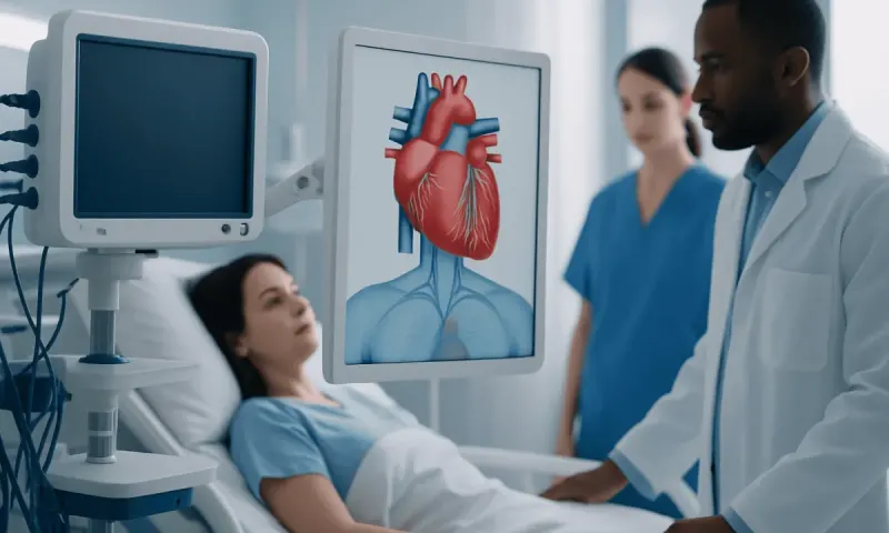 Medical team discussing heart health with patient in hospital room.