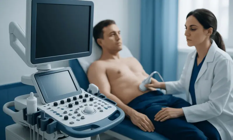 Doctor performing an ultrasound examination on a male patient in a hospital room.