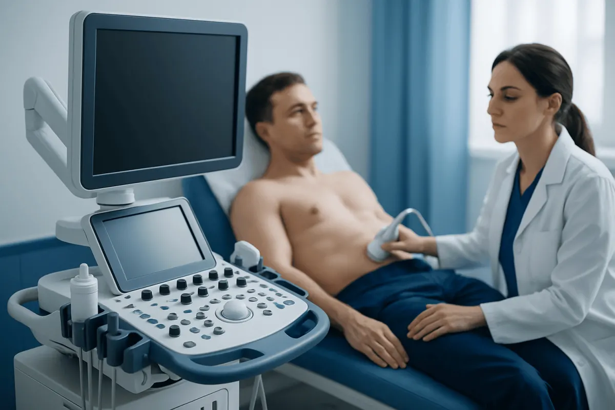 Doctor performing an ultrasound examination on a male patient in a hospital room.