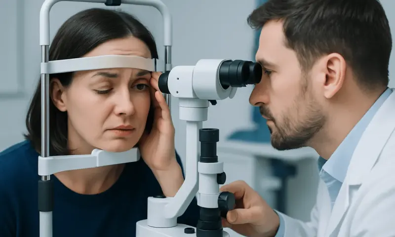 Ophthalmologist examining patient's eye with slit lamp in clinic.