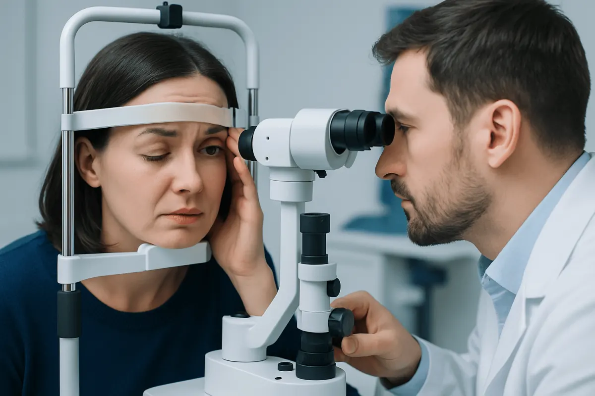 Ophthalmologist examining patient's eye with slit lamp in clinic.
