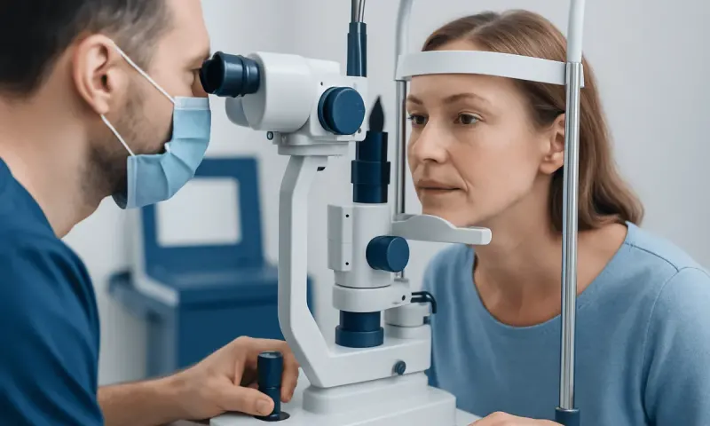 Optometrist examining woman's eyes with slit lamp in clinic.