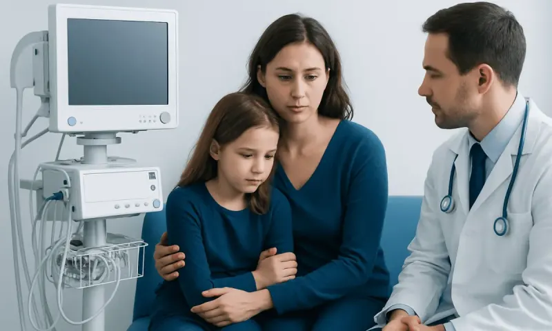 Doctor consulting young girl and mother in hospital room with medical equipment.
