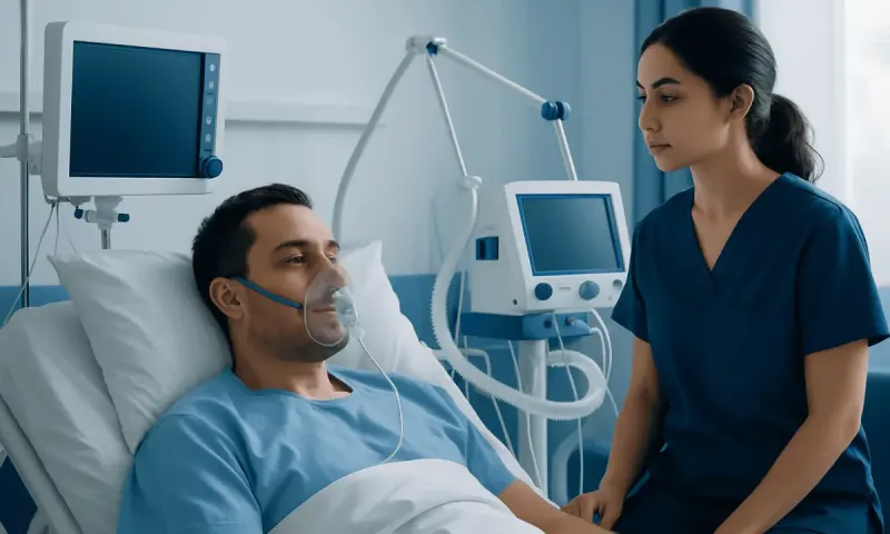 Hospital patient with respiratory support and nurse in a medical room.