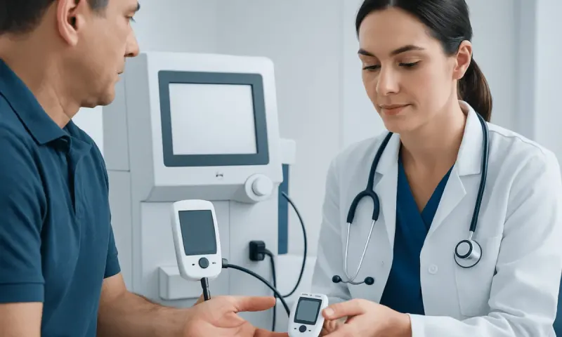 Doctor checking blood glucose levels of a patient in a clinical setting.