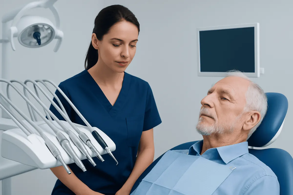Dentist examining elderly patient's teeth in a modern dental clinic.