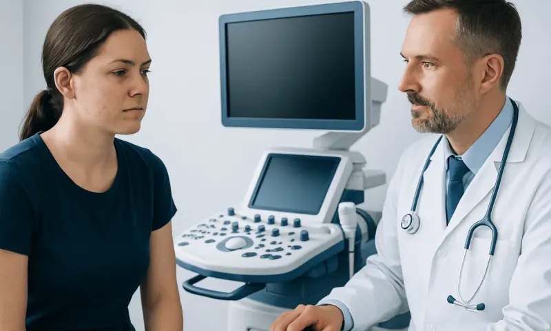 Doctor consulting with a young woman in a medical examination room.