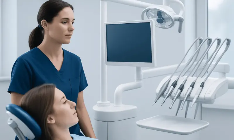 Dentist and patient in a modern dental clinic with equipment and monitor.