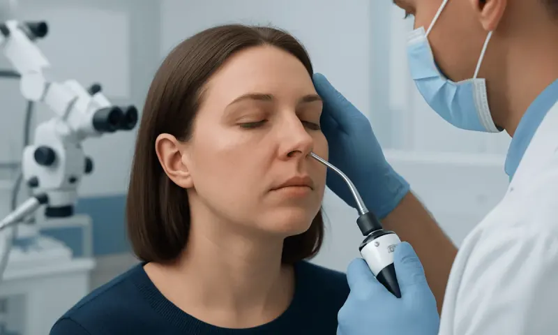 Doctor examining patient's nose with a nasal endoscope in a clinical setting.