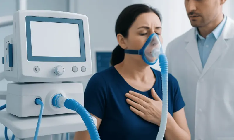 Patient with respiratory distress using oxygen mask in medical setting.