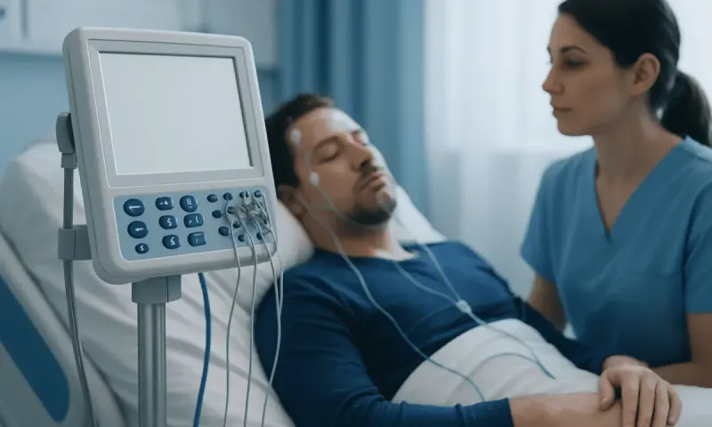 Patient connected to medical monitoring device in hospital bed.