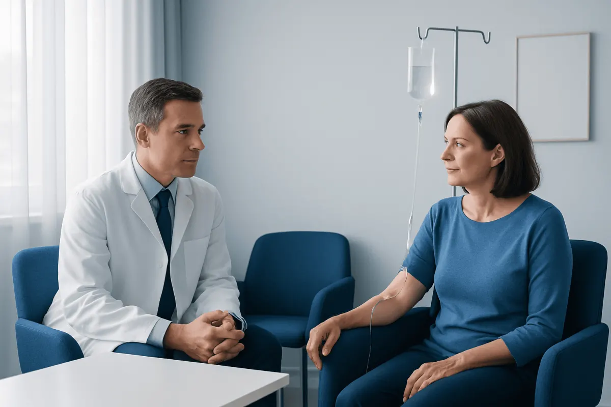 Doctor consulting with a female patient in a hospital room.
