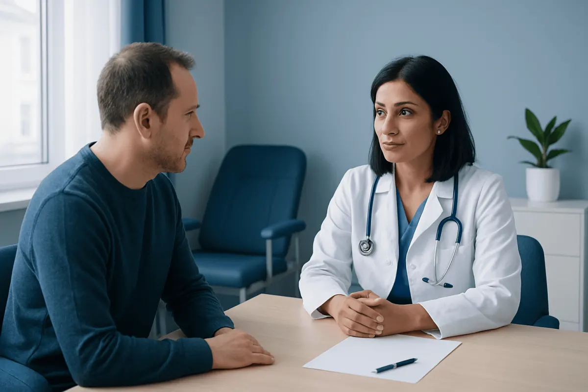 Doctor consulting with a male patient in a medical office setting.