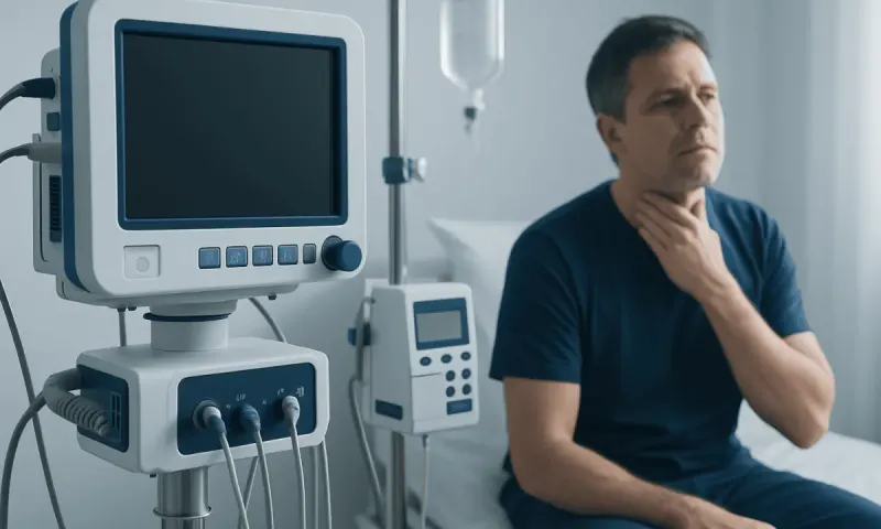 Man in hospital room with medical equipment, holding his throat.