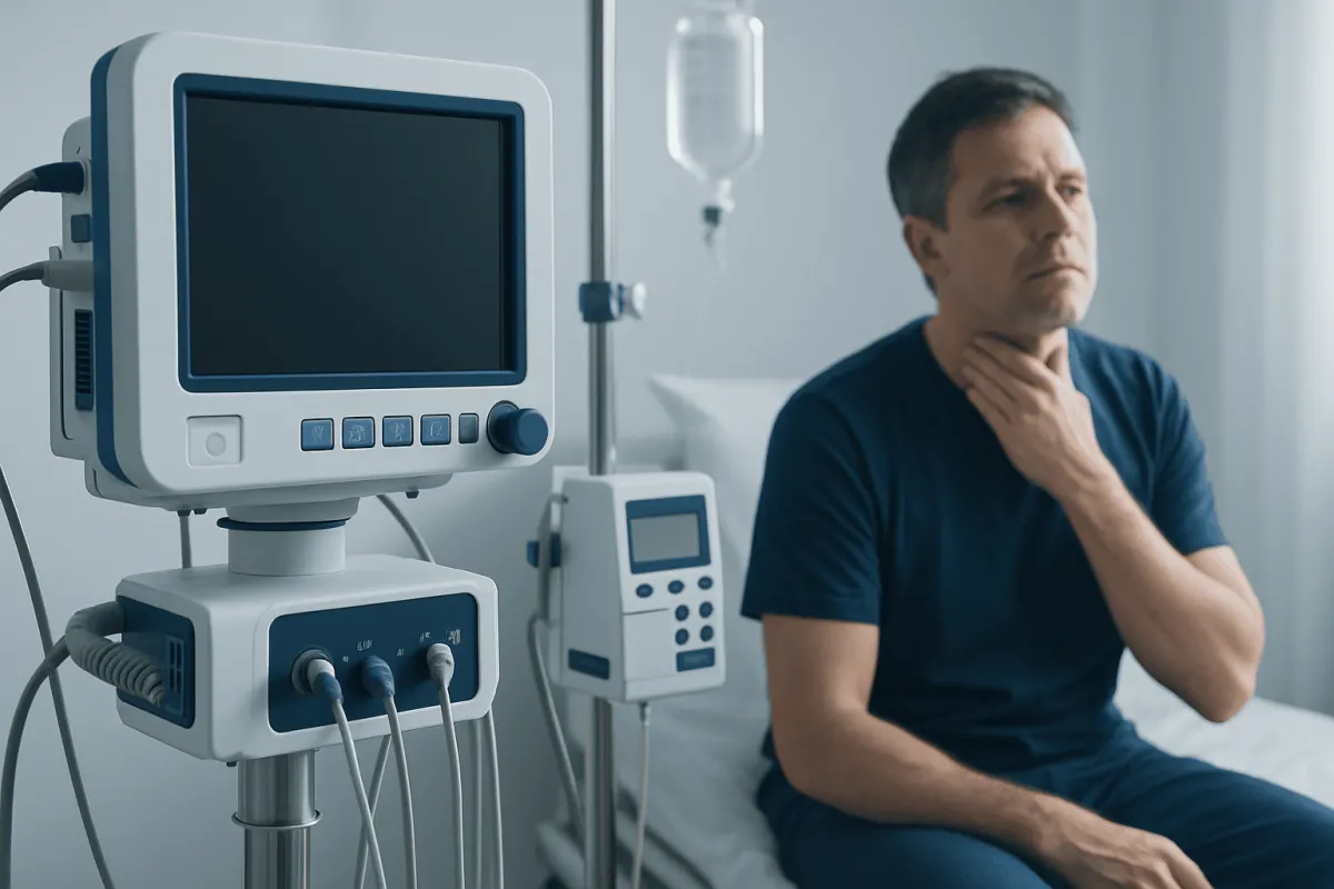 Man in hospital room with medical equipment, holding his throat.
